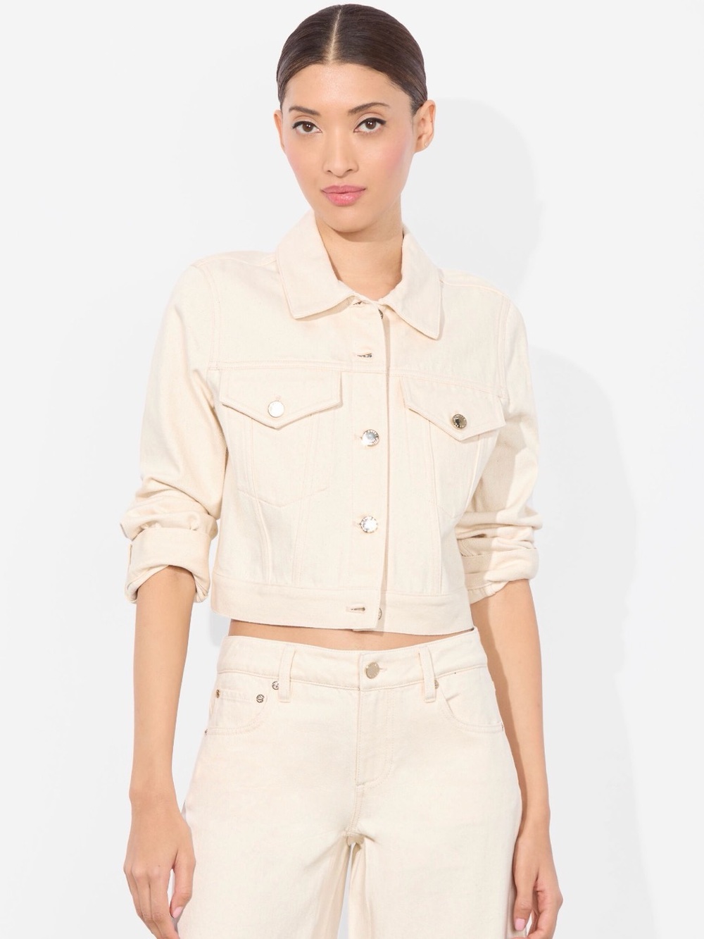 Alice and Olivia Classic Cream Cropped Denim Jacket - Women